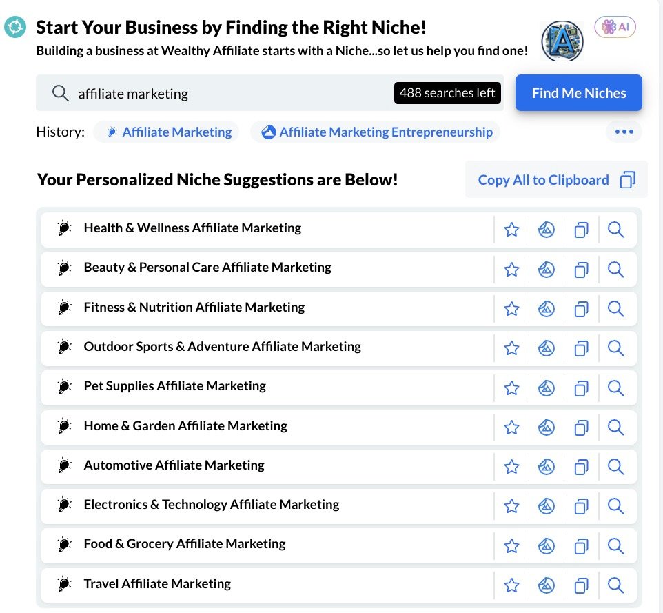 AI Niche Finder Tool inside Wealthy Affiliate platform