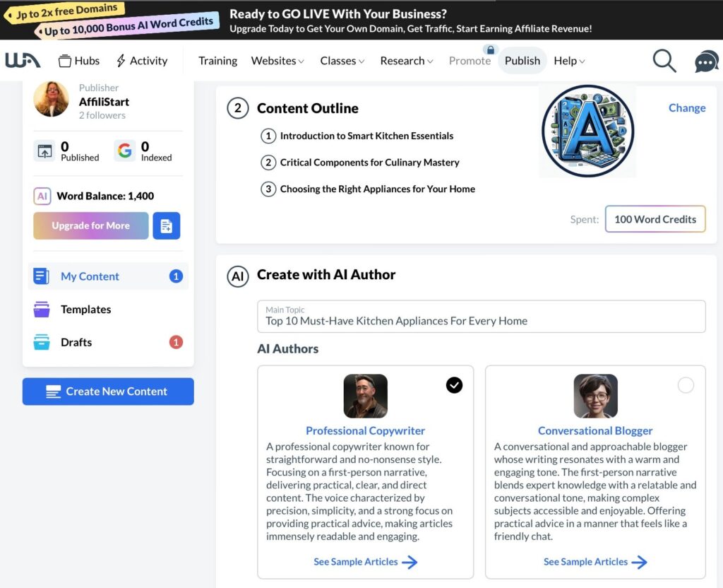 screenshot of wealthy affiliate AI authors