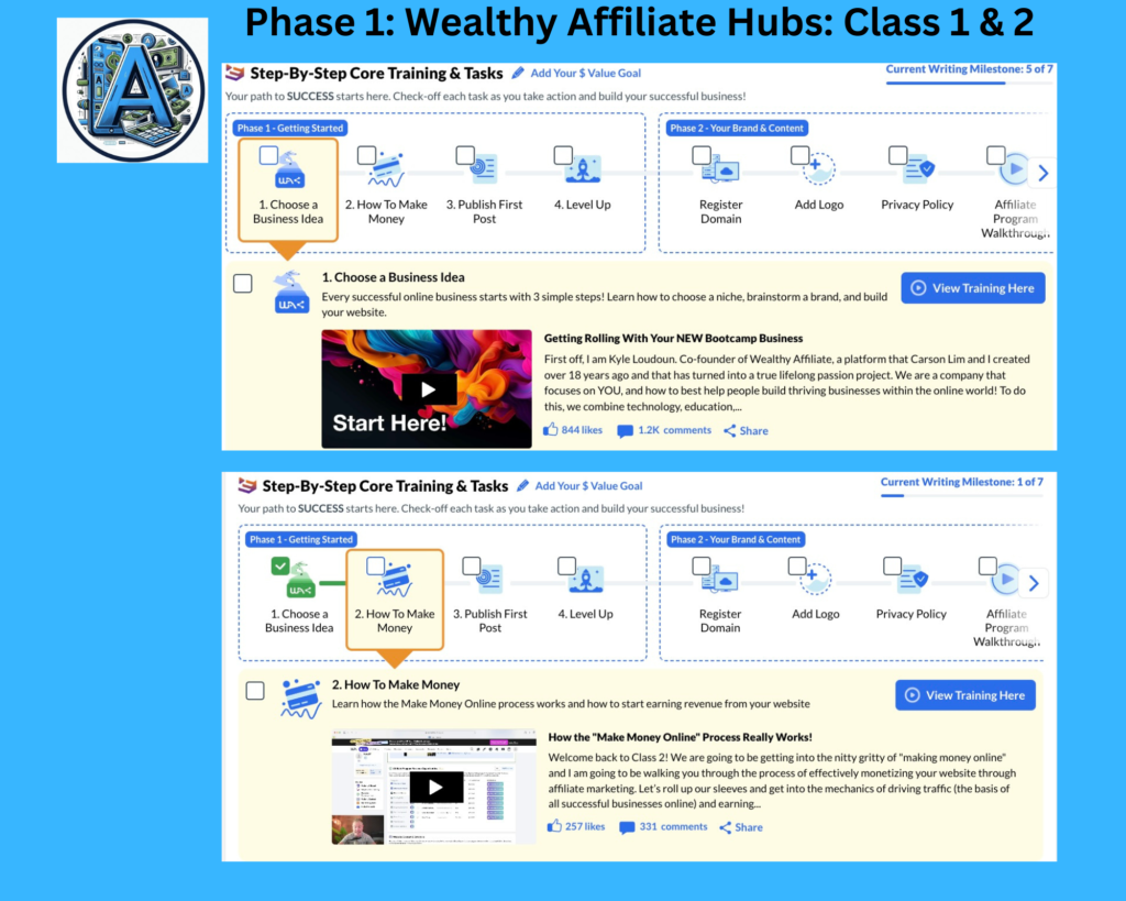 Wealthy Affiliate Hubs Phase 1 video class 1 and 2