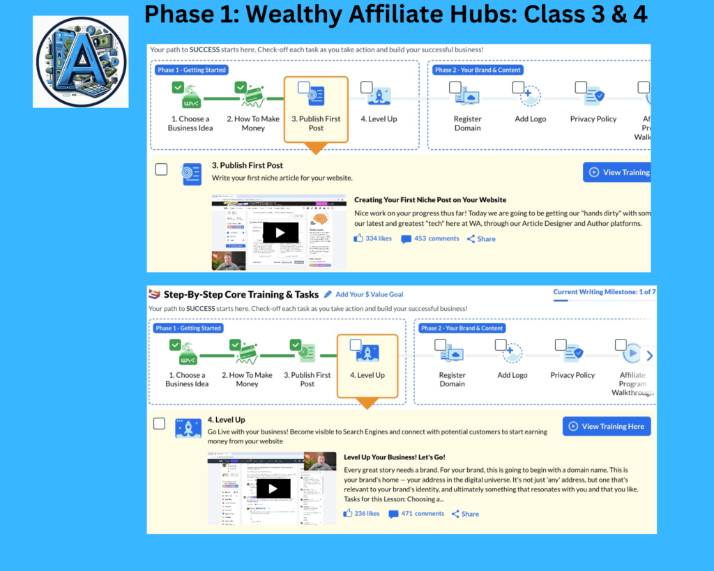 Wealthy Affiliate Hubs Phase 1: Video Class 3 & 4 