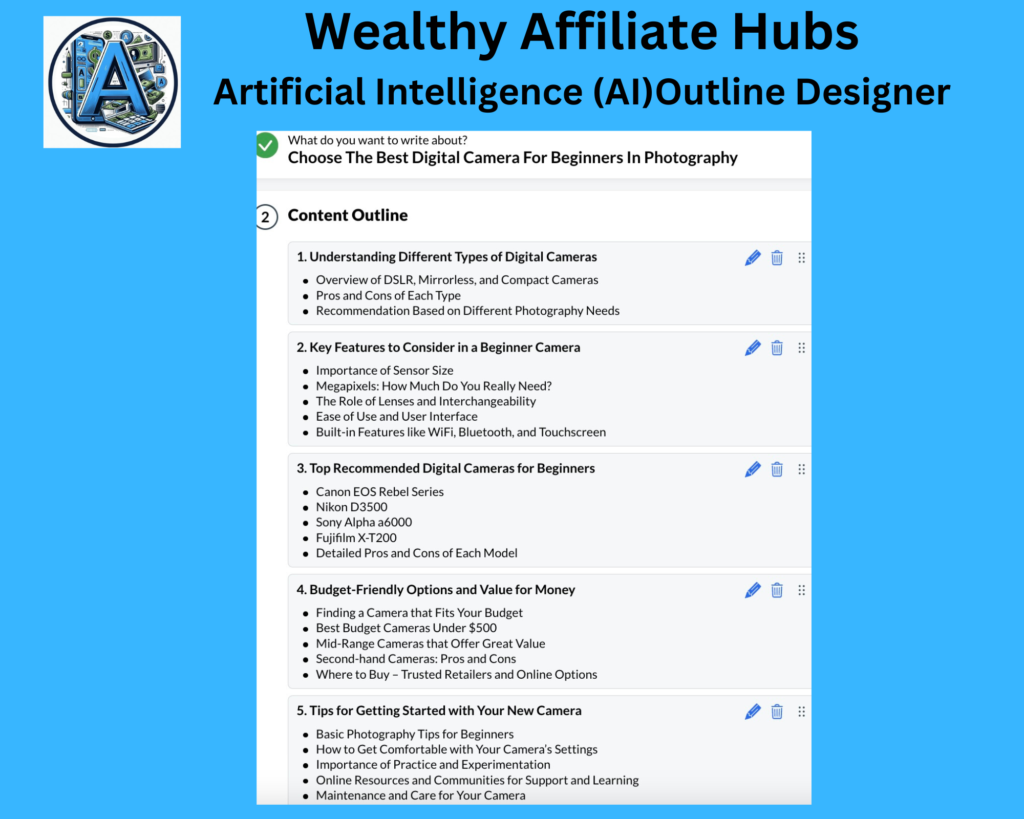 Wealthy Affiliate Hubs Artificial Intelligence (AI) Outline Designer