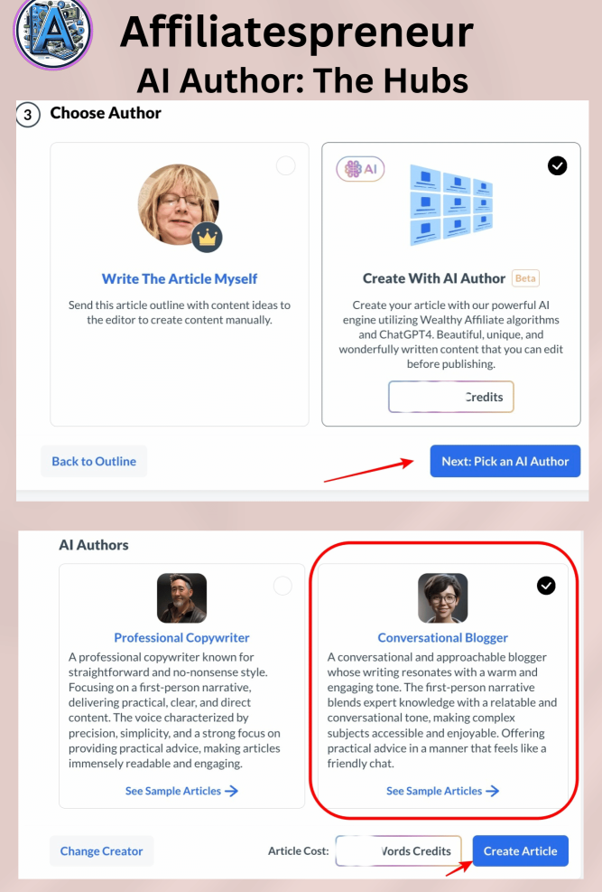 AI Author and Conversational AI Blogger inside the Wealthy Affiliate Hubs