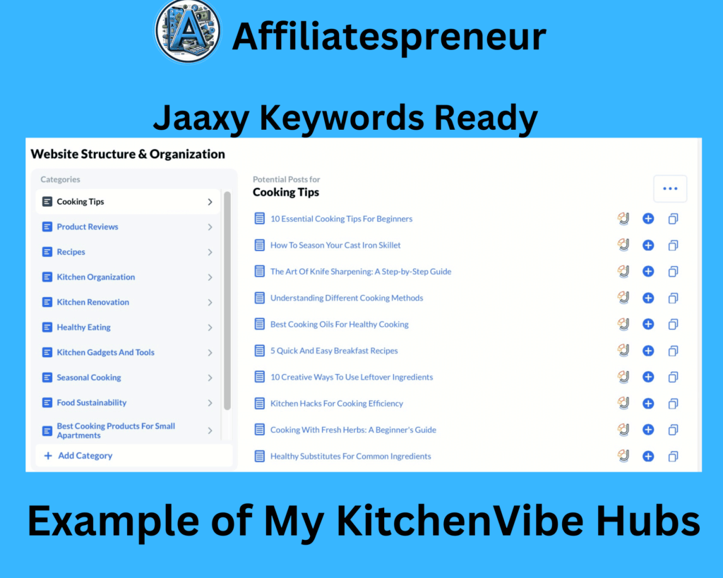 screenshot of Jaaxy keyword ready in website structure for KitchenVibe Hubs inside Wealthy Affiliate hubs