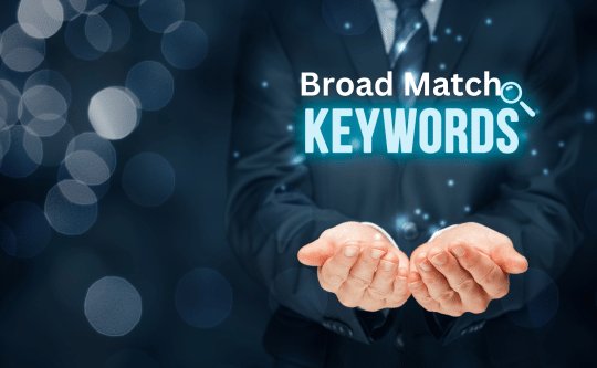 a man with a tie and a business suit both of his hands cupped and words above Broad Match Keywords