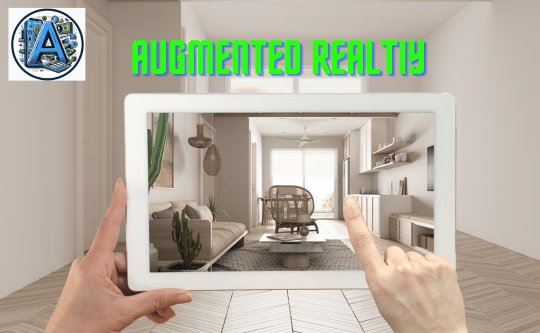 Augumented reality concept, hand holding tablet with AR application use to stimiate an empty room with decoration possiblities. 
